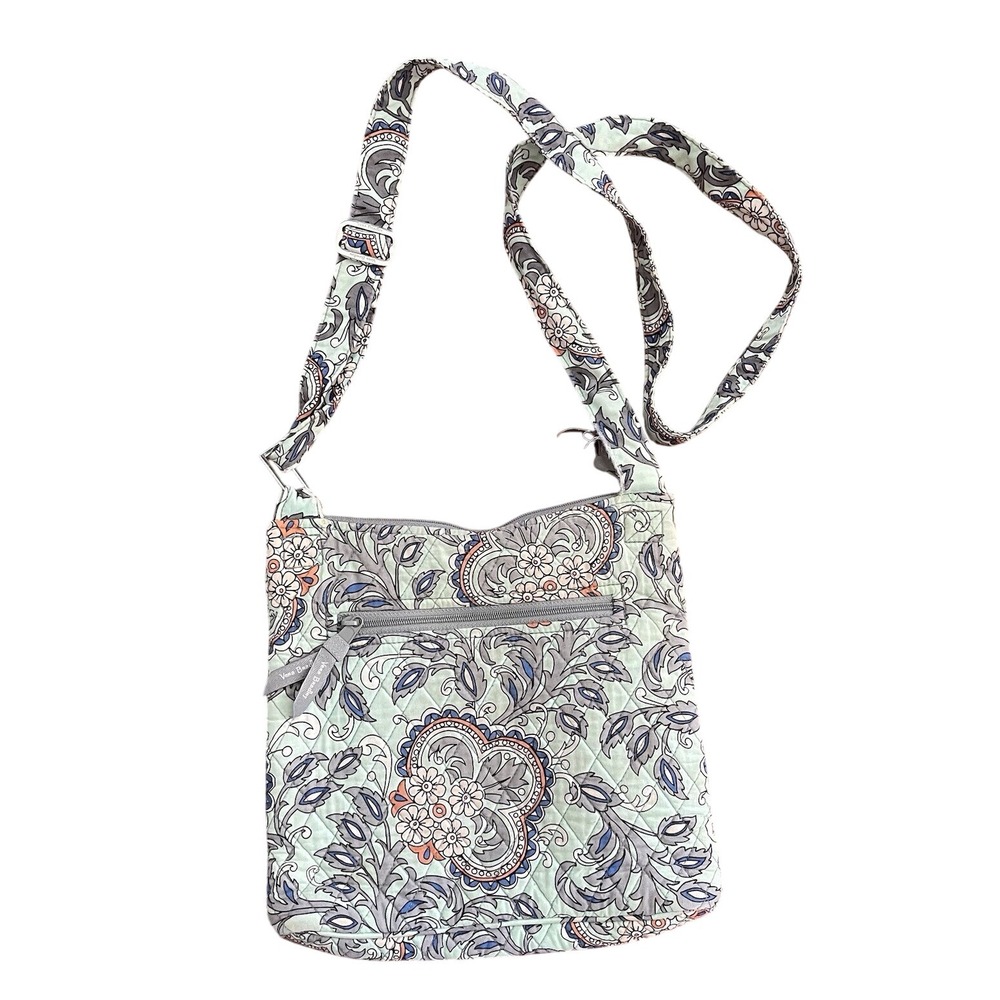 Vera Bradley‎ Crossbody Purse Fan Flowers Floral Blue Teal Grey